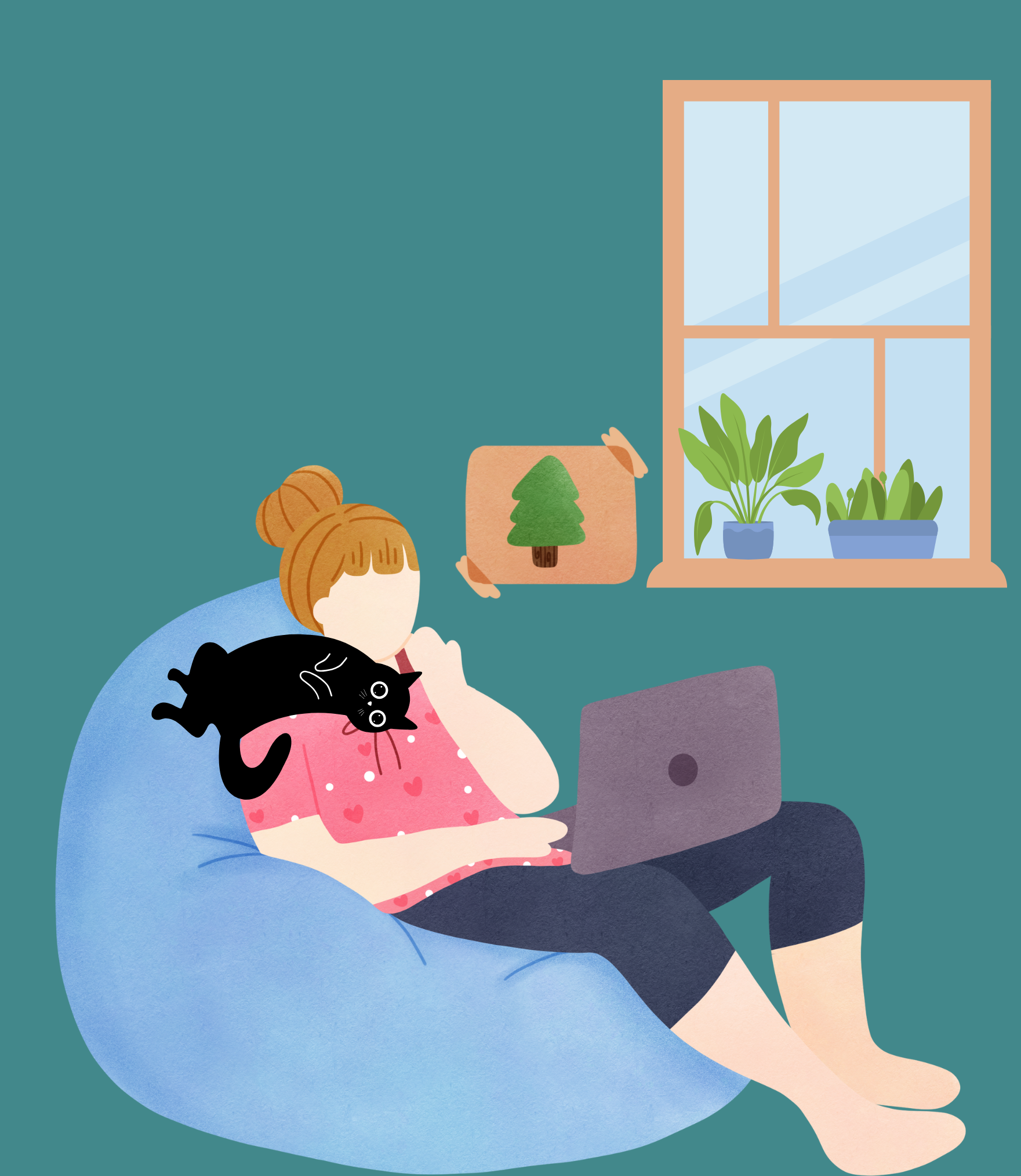 An illustration showing a woman wearing pink pyjamas with a heart print on them, sitting on a beanbag with a laptop on her lap. The woman has light brown hair in a bun and a black cat is draped over her shoulder whilst she thinks and looks out of the nearby window.