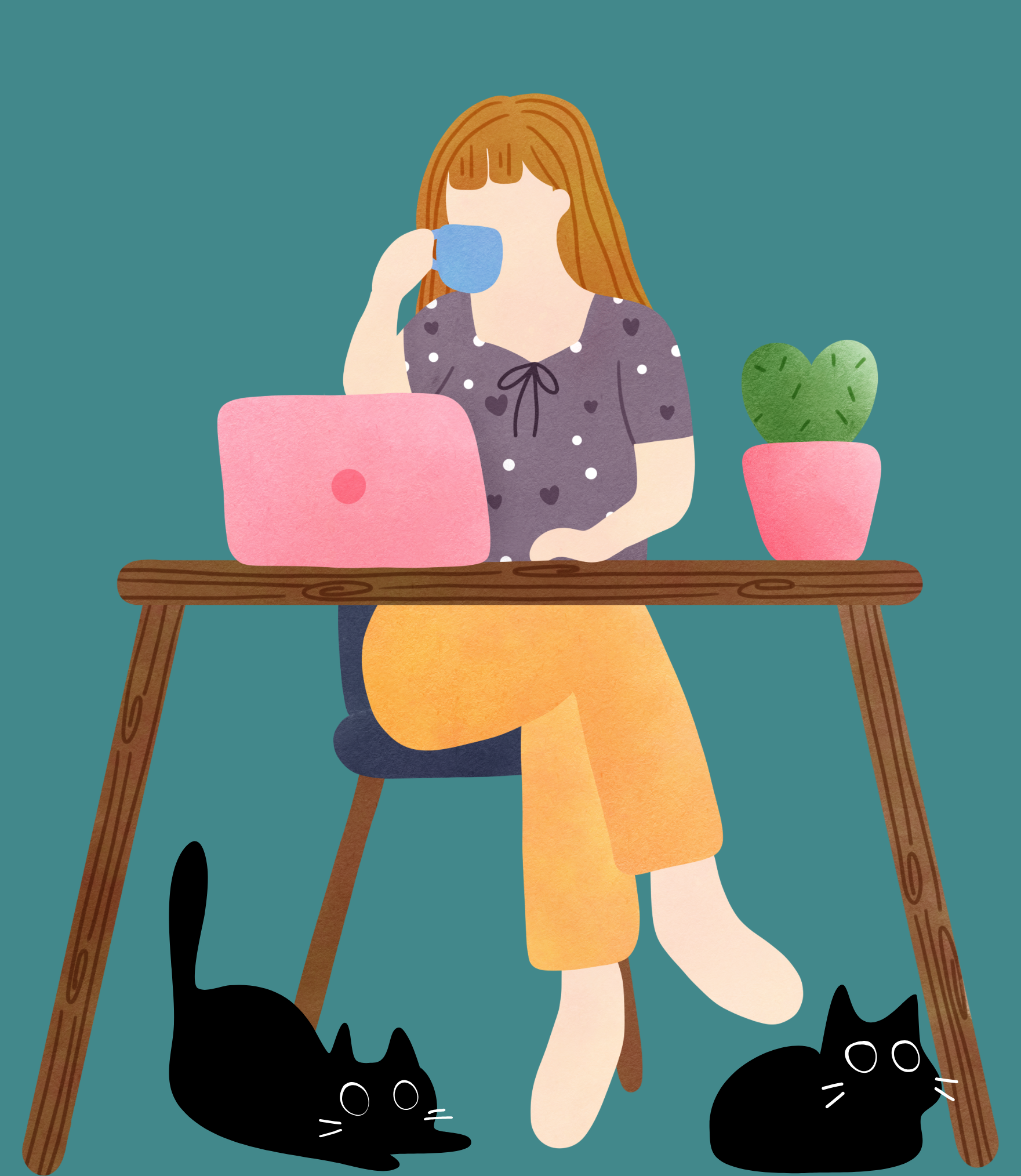 An illustration showing a woman sat at a desk sipping coffee. She has light brown hair and is wearing grey heart print pyjamas. Two black cats are sitting by her feet whilst she works on her laptop.