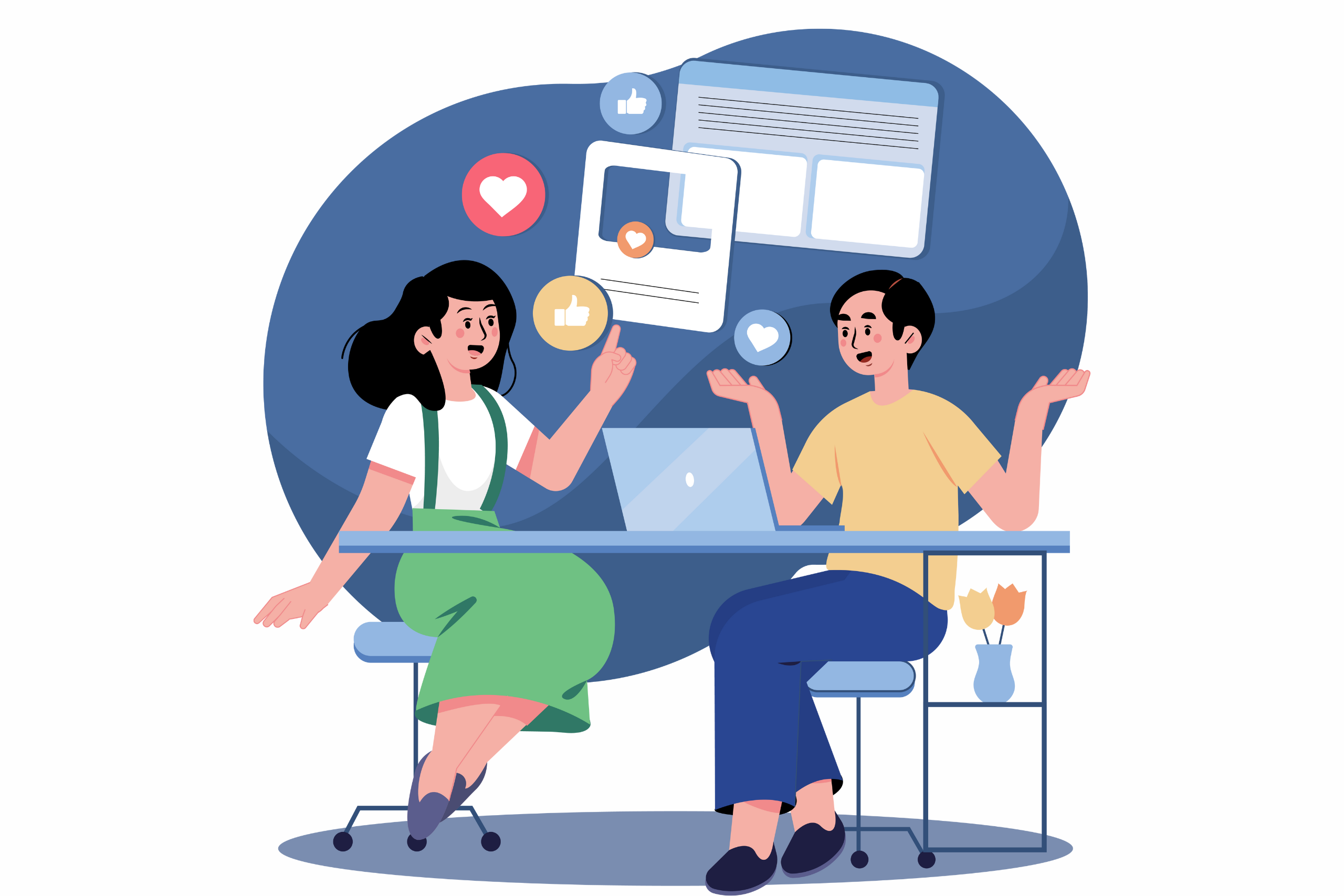 An illustration showing a man and a woman sat at a desk having a conversation and sharing knowledge about marketing