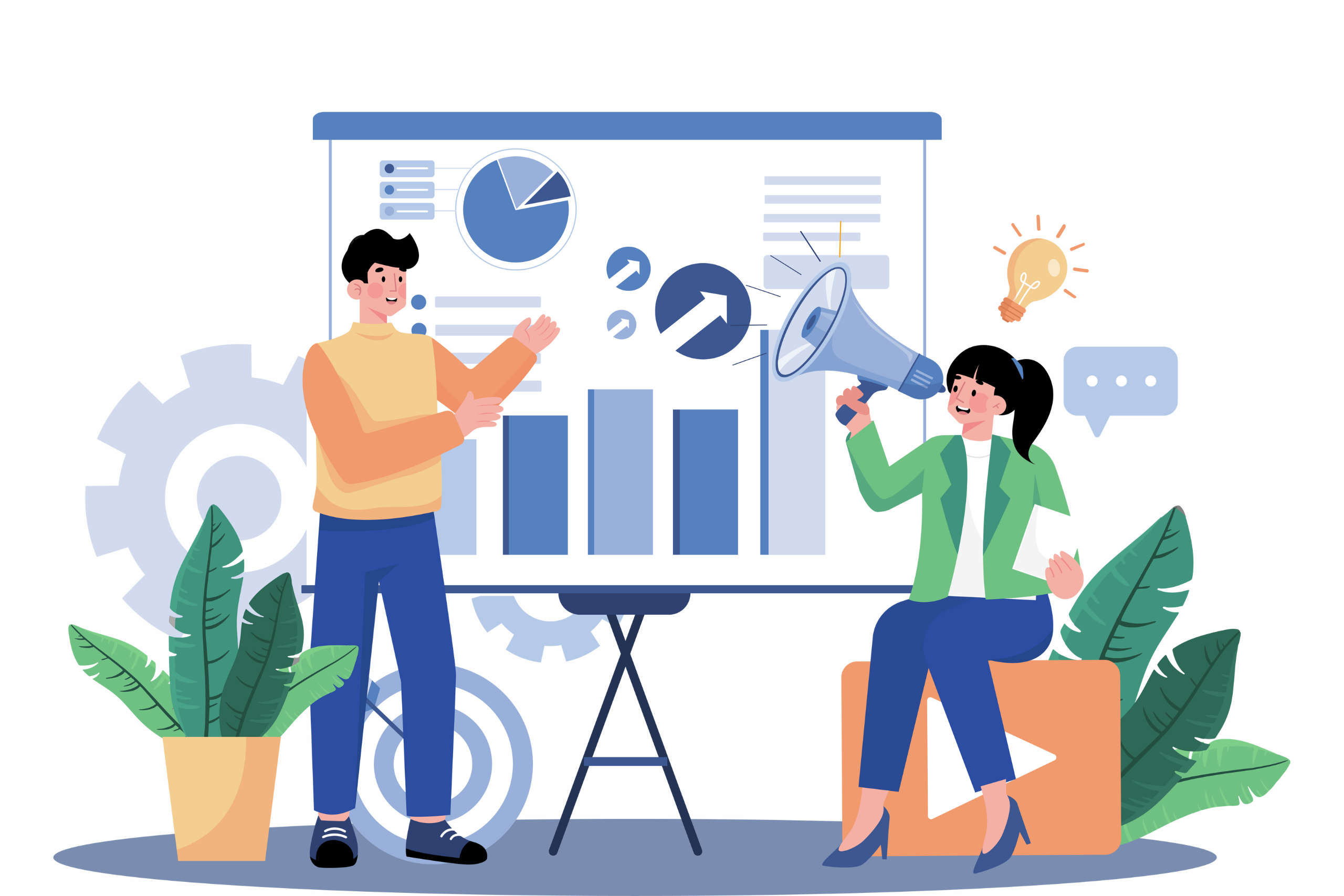 An illustration showing two people (a man and a woman) in front of a screen, which is displaying charts and statistics. The man is standing up and presenting the statistics whilst the woman is sitting, holding a megaphone and has an idea icon above her head.