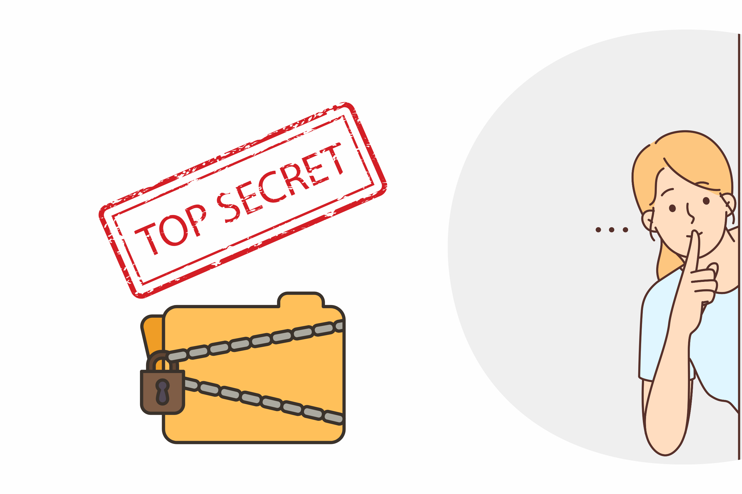 An illustration showing a "Top Secret" banner above a computer folder with a chain and padlock on it, and a woman with her finger to her lips as if she's holding in a secret.