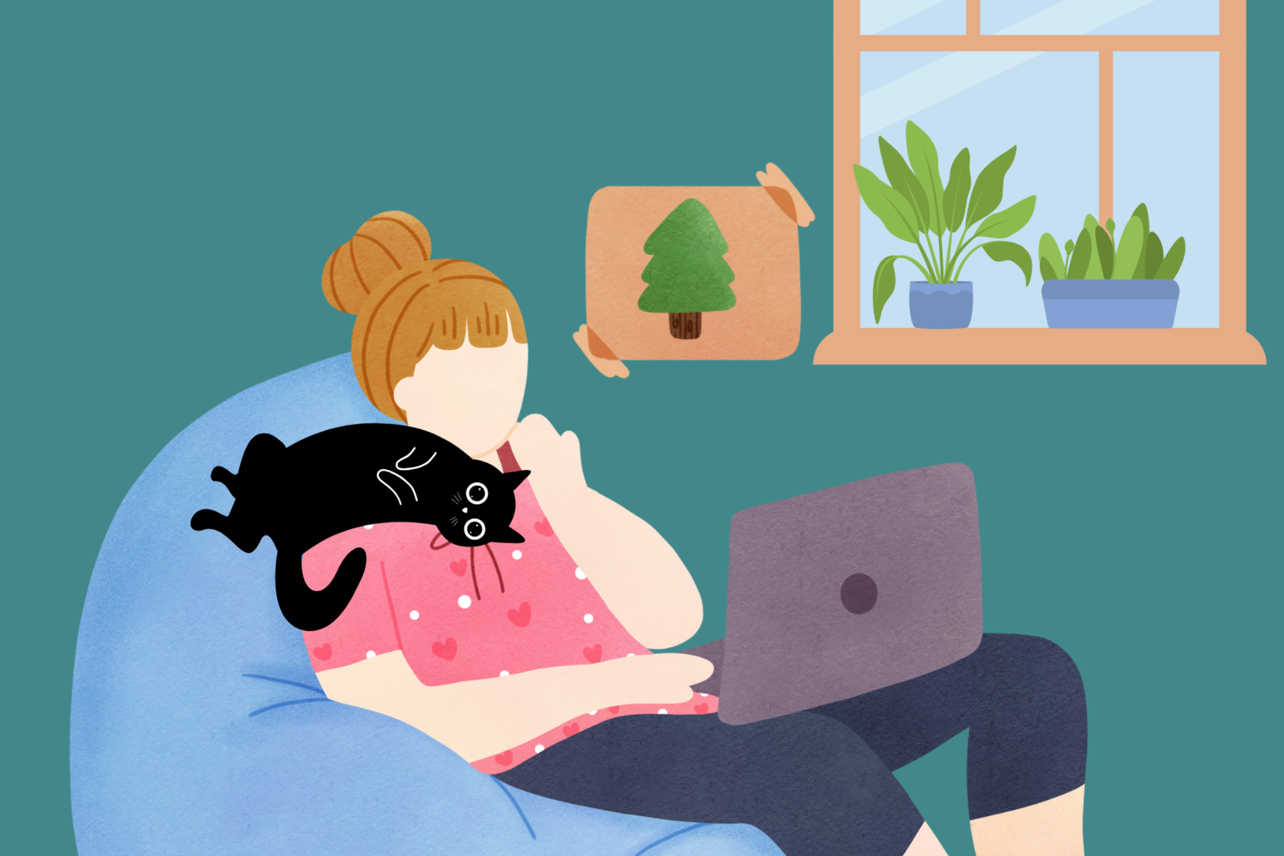 An illustration showing a woman wearing pink pyjamas with a heart print on them, sitting on a beanbag with a laptop on her lap. The woman has light brown hair in a bun and a black cat is draped over her shoulder whilst she thinks and looks out of the nearby window.